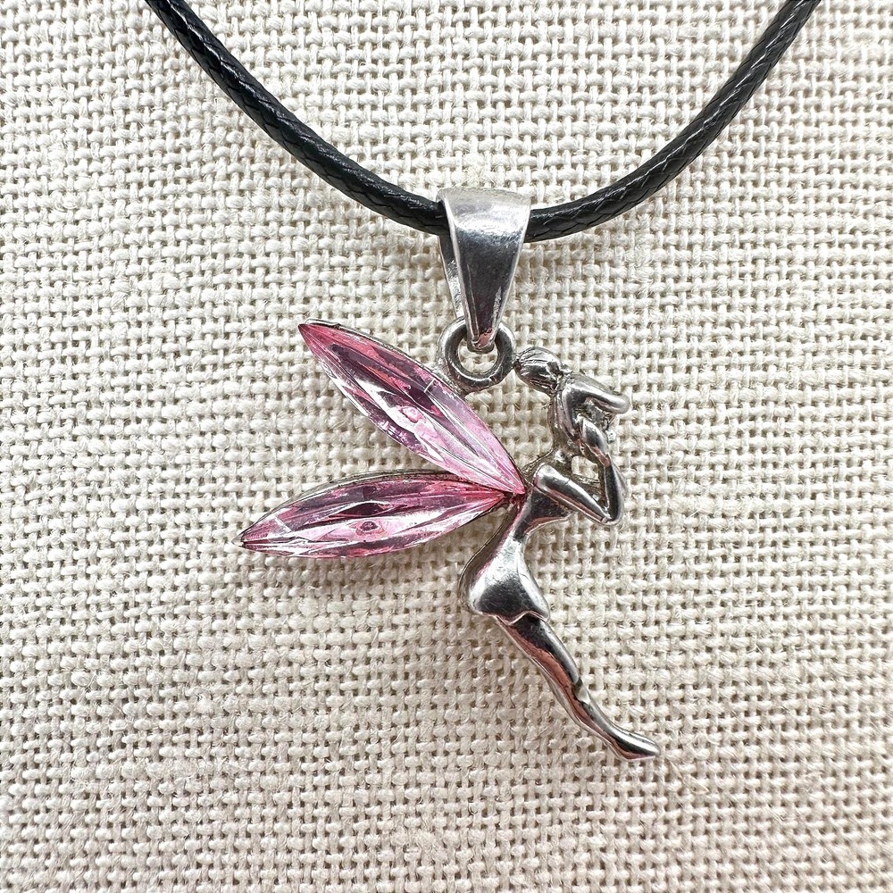 Vintage 90s Silver Tone Pnk Fairy Tinkerbell Pendant Necklace Black Cord Jewelry